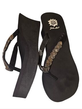 Yellow Box Black Embellished Wedge Flip Flop Sandals